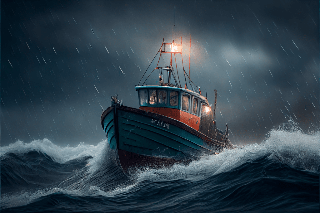 small fishing boat on rough sea